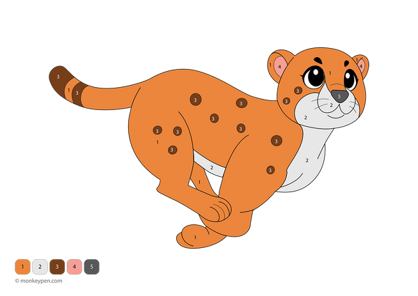 Downloadable cheetah color-by-number worksheet featuring numbered sections on its spots, tail, and sleek body—a free printable activity that helps kids explore numbers and colors through a fun wildlife theme.