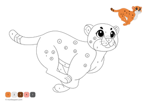 Downloadable cheetah color-by-number worksheet featuring numbered sections on its spots, tail, and sleek body—a free printable activity that helps kids explore numbers and colors through a fun wildlife theme.