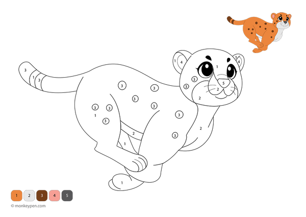 Downloadable cheetah color-by-number worksheet featuring numbered sections on its spots, tail, and sleek body—a free printable activity that helps kids explore numbers and colors through a fun wildlife theme.