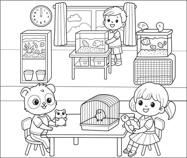 Classroom Pets coloring page – educational printable for children