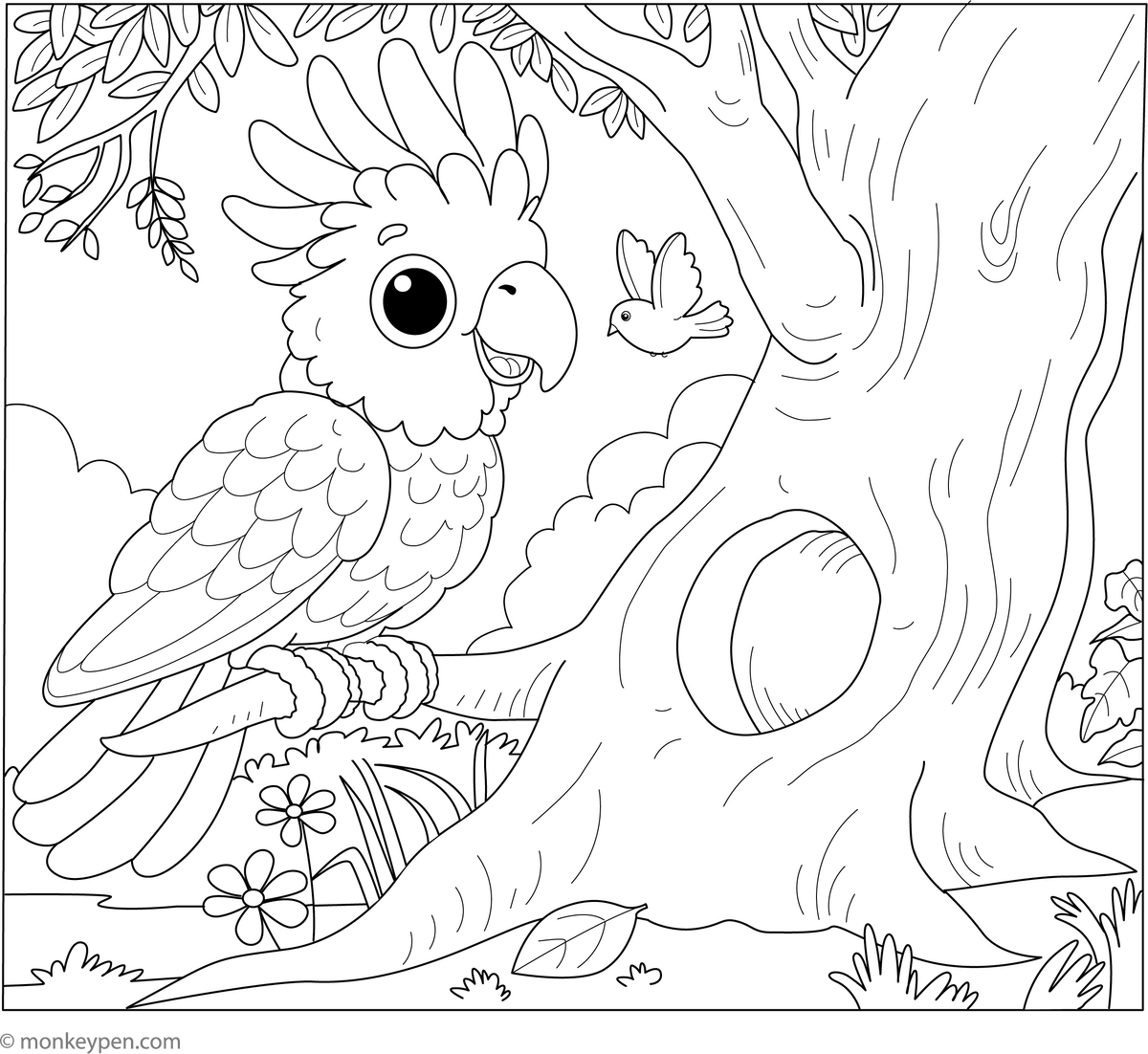 Cockatoo On A Tree Hollow Coloring Page