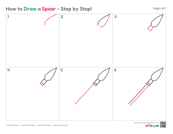 Step-by-step spear drawing guide showing how to sketch a simple spear using basic shapes.