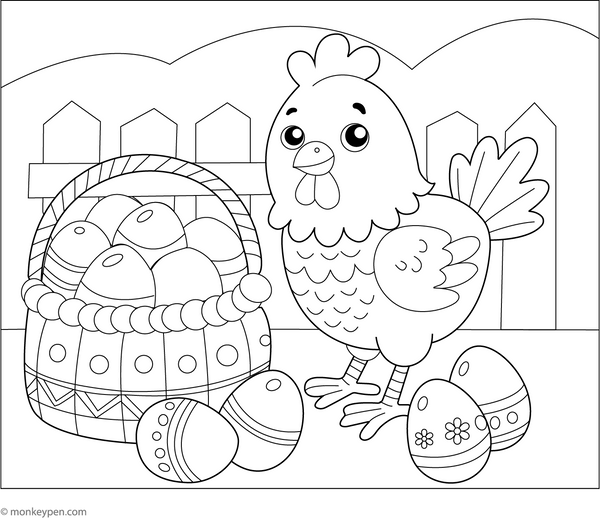 Chicken with Basket of Eggs Coloring Page