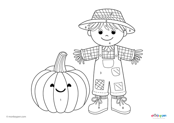Color-by-number worksheet of a pumpkin with a cute scarecrow – free download for kids to color outfit, pumpkin, and fall scene.
