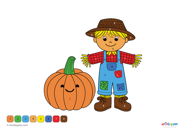 Color-by-number worksheet of a pumpkin with a cute scarecrow – free download for kids to color outfit, pumpkin, and fall scene.

