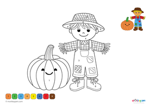 Color-by-number worksheet of a pumpkin with a cute scarecrow – free download for kids to color outfit, pumpkin, and fall scene.
