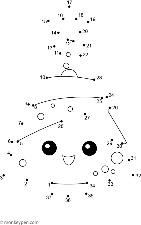 Dot-to-dot puzzle of a Christmas tree with space for ornaments and a star atop, ready for children to complete and decorate.