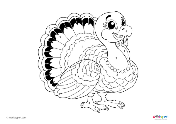 Color-by-number worksheet of a Thanksgiving turkey – free download for kids to color feathers, beak, and autumn background.
