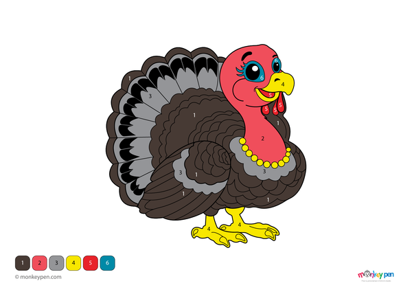 Color-by-number worksheet of a Thanksgiving turkey – free download for kids to color feathers, beak, and autumn background.
