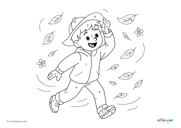 Color-by-number worksheet of a windy spring scene – free download for kids to color trees, flowers, and swirling wind.

