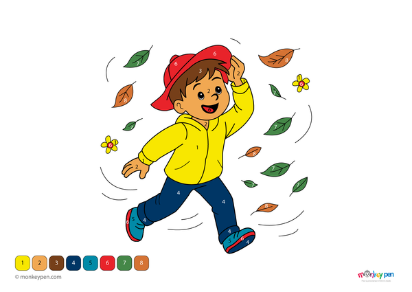 Color-by-number worksheet of a windy spring scene – free download for kids to color trees, flowers, and swirling wind.

