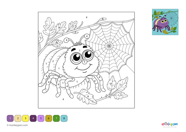 Color-by-number worksheet of a cartoon spider – free download for kids to color spider’s body, legs, and web.