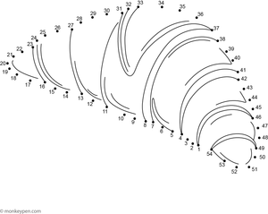 Dot-to-dot worksheet illustrating a curved croissant with textured layers, suitable for children to trace and color.