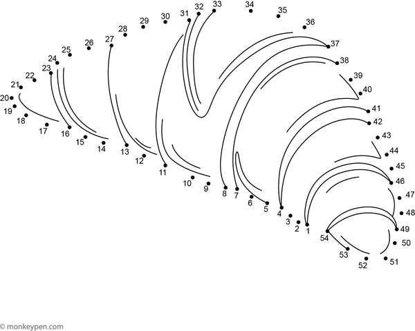 Dot-to-dot worksheet illustrating a curved croissant with textured layers, suitable for children to trace and color.