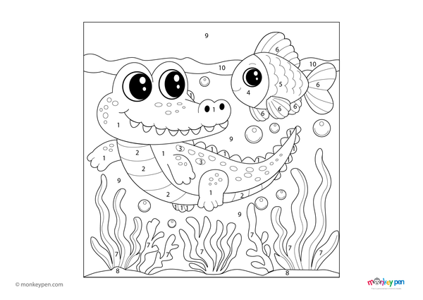 Color-by-number worksheet of a crocodile and fish – free download for kids to color scales, fins, and underwater scene.
