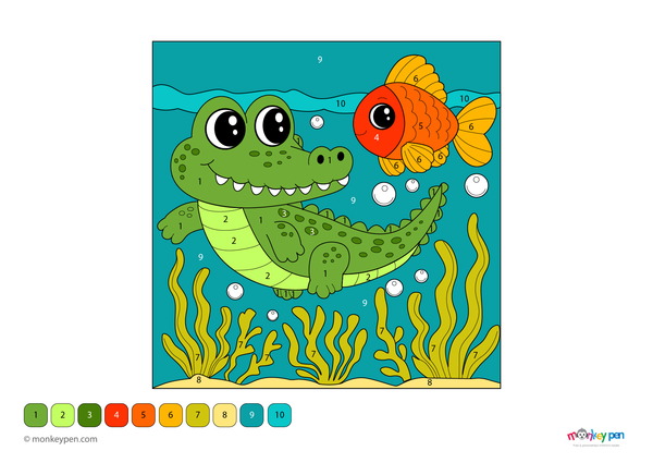 Color-by-number worksheet of a crocodile and fish – free download for kids to color scales, fins, and underwater scene.
