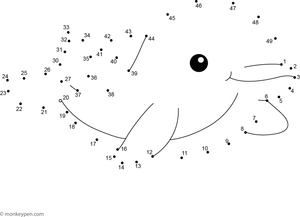 Outline of a playful dolphin jumping above the waves, designed for children to connect the dots and add color to create an ocean scene.