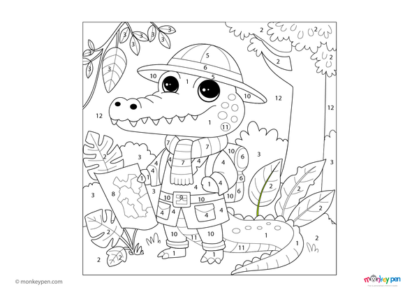 Color-by-number worksheet of a crocodile explorer – free download for kids to color jungle scene, gear, and crocodile.

