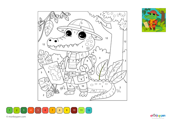Color-by-number worksheet of a crocodile explorer – free download for kids to color jungle scene, gear, and crocodile.
