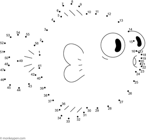 Dot-to-dot illustration of a swimming fish with fins and a tail, awaiting connection of numbered dots and colorful decoration.