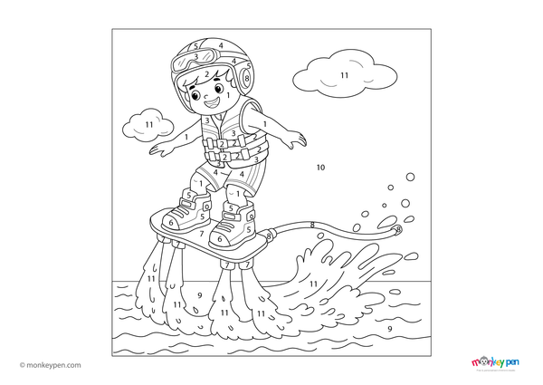 Color-by-number worksheet of a flyboard rider – free download for kids to color water, rider, and sky in this action scene.
