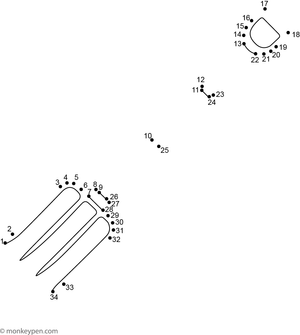 Outline of a garden fork with three tines and a handle, designed for children to connect, color, and decorate with garden elements.
