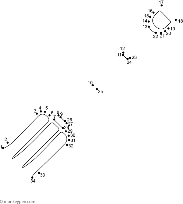 Outline of a garden fork with three tines and a handle, designed for children to connect, color, and decorate with garden elements.
