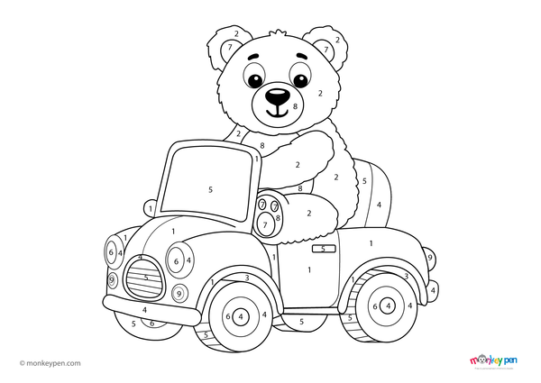 Color-by-number worksheet of a giant teddy bear – free download for kids to color fur, bowtie, and cozy background.
