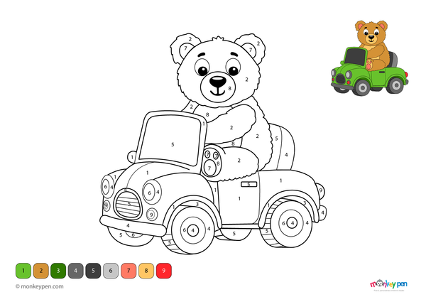 Color-by-number worksheet of a giant teddy bear – free download for kids to color fur, bowtie, and cozy background.
