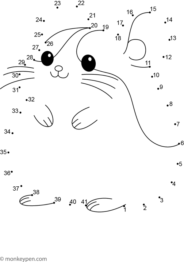 Dot-to-dot image of a chubby hamster sitting with tiny ears and paws, perfect for children to trace and color as a pet.