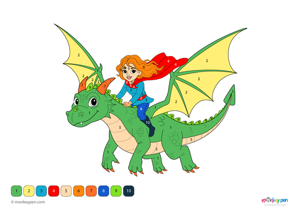 Color-by-number worksheet of a girl riding a flying dragon – free download for kids to color dragon scales, wings, and outfit.
