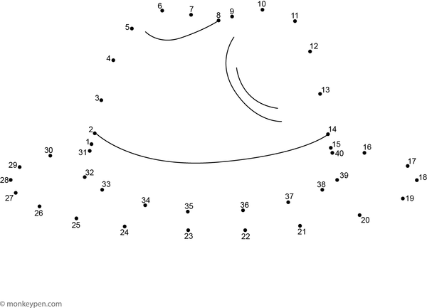 Outline of a traditional hat with a curved brim, designed for children to connect the dots and add their own colorful designs.