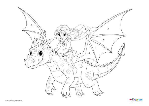 Color-by-number worksheet of a girl riding a flying dragon – free download for kids to color dragon scales, wings, and outfit.
