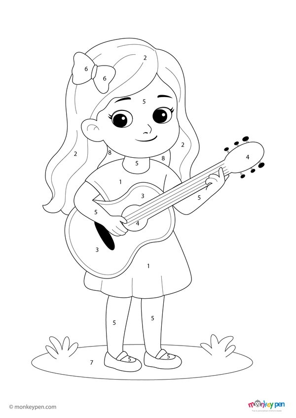 Color-by-number worksheet of a girl with a musical instrument – free download for kids to color clothes, instrument, and scene.
