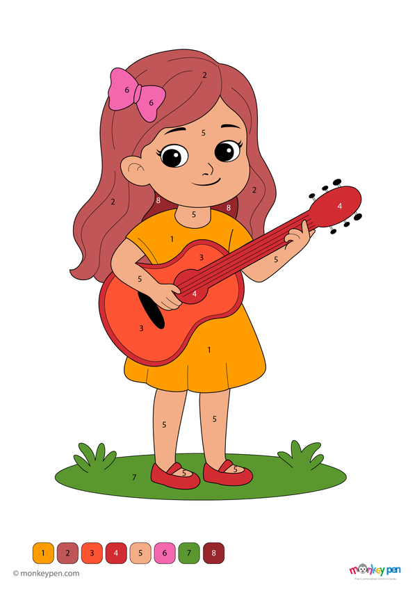 Color-by-number worksheet of a girl with a musical instrument – free download for kids to color clothes, instrument, and scene.
