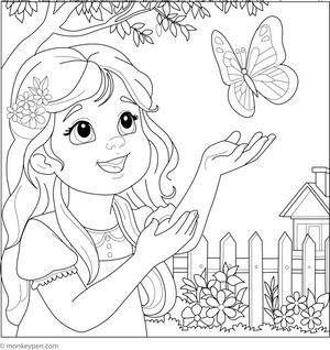 Girl Playing with Butterfly Coloring Page – fun and educational printable for children