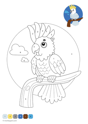 Free downloadable cockatoos color-by-number worksheet featuring tropical birds with numbered feathers, beaks, and background—a fun printable that helps children build number skills while exploring creative color play.