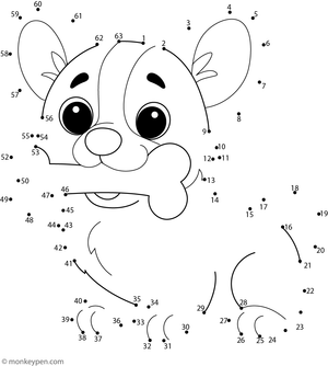 Printable dot-to-dot worksheet featuring a cartoon Corgi dog with short legs and large ears for children to connect and color.