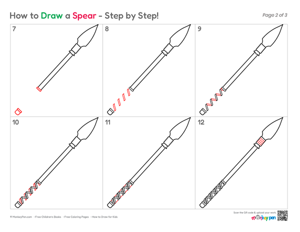 Easy spear drawing lesson featuring a long wooden shaft and pointed spearhead.