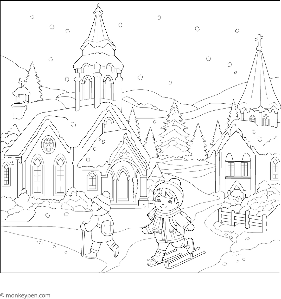 Free Printable Snowy Village Coloring Page for Kids