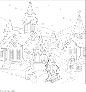 Free Printable Snowy Village Coloring Page for Kids