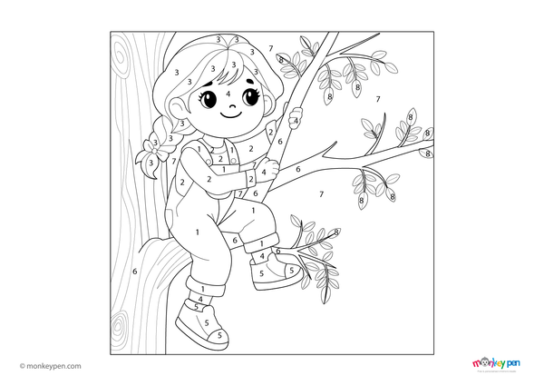 Color-by-number worksheet of a girl climbing a tree – free download for kids to color clothes, tree, and nature scene.