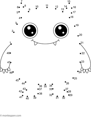A connect-the-dots illustration of a cheerful, goofy monster with big eyes and playful arms, inviting children to trace and color imaginatively.
