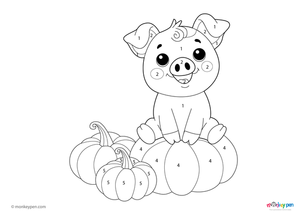 Color-by-number worksheet of a pig in a pumpkin patch – free download for kids to color pig, pumpkins, and fall background.
