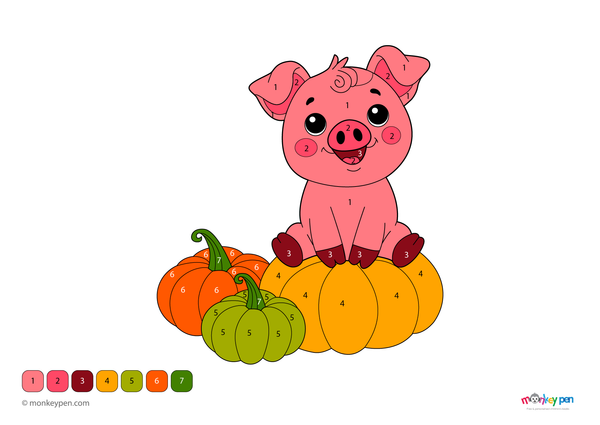 Color-by-number worksheet of a pig in a pumpkin patch – free download for kids to color pig, pumpkins, and fall background.
