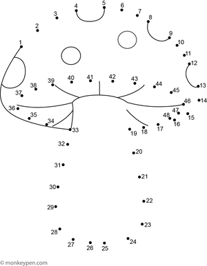 A connect-the-dots illustration of a forest mushroom with a spotted cap and short stem, ready for tracing and coloring.