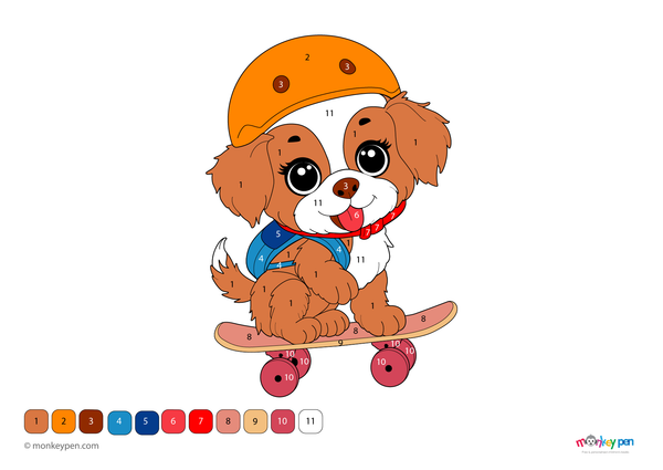 Color-by-number worksheet of a cute puppy – free download for kids to color fur, ears, and tail in this fun animal activity.
