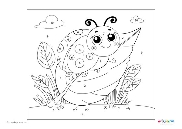 Color-by-number worksheet of a smiling ladybug on a leaf – free download for kids to color spots, shell, and leaf.
