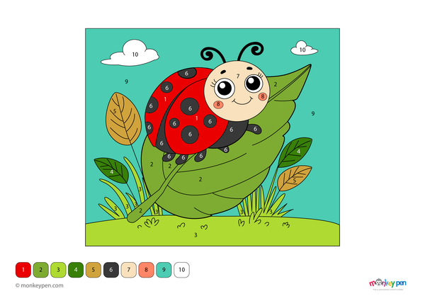 Color-by-number worksheet of a smiling ladybug on a leaf – free download for kids to color spots, shell, and leaf.
