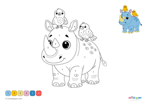 Color-by-number worksheet of a rhino in the savannah – free download for kids to color grey body, horn, grass, and trees.